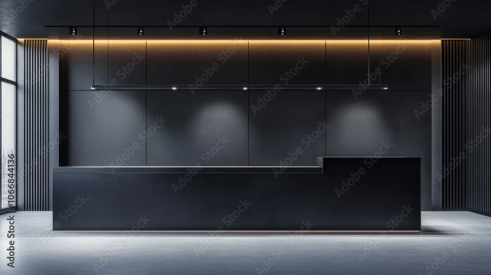 Sleek black exhibition wall in a bright, modern hall with overhead lighting casting a soft glow, creating an elegant, empty showcase. 3D rendering Sleek black exhibition wall in a bright, modern hall with overhead lighting casting a soft glow, creating an elegant, empty showcase. 3D rendering