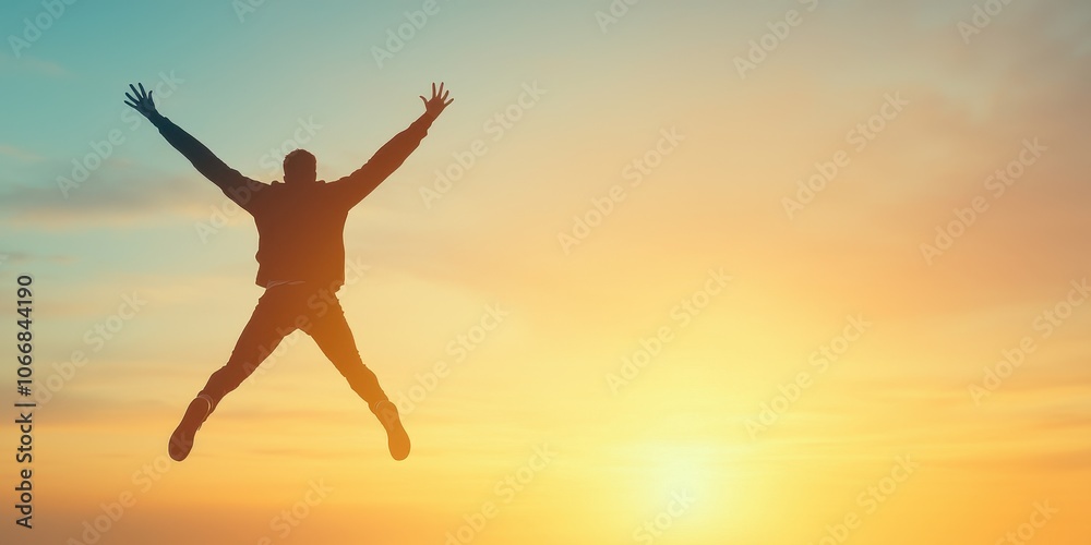 Silhouette of a person jumping joyfully against a vibrant sunset background. Silhouette of a person jumping joyfully against a vibrant sunset background.