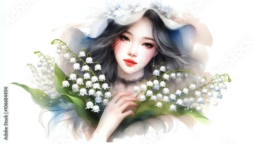 beautiful young woman with lily of the valley flower, watercolor photo