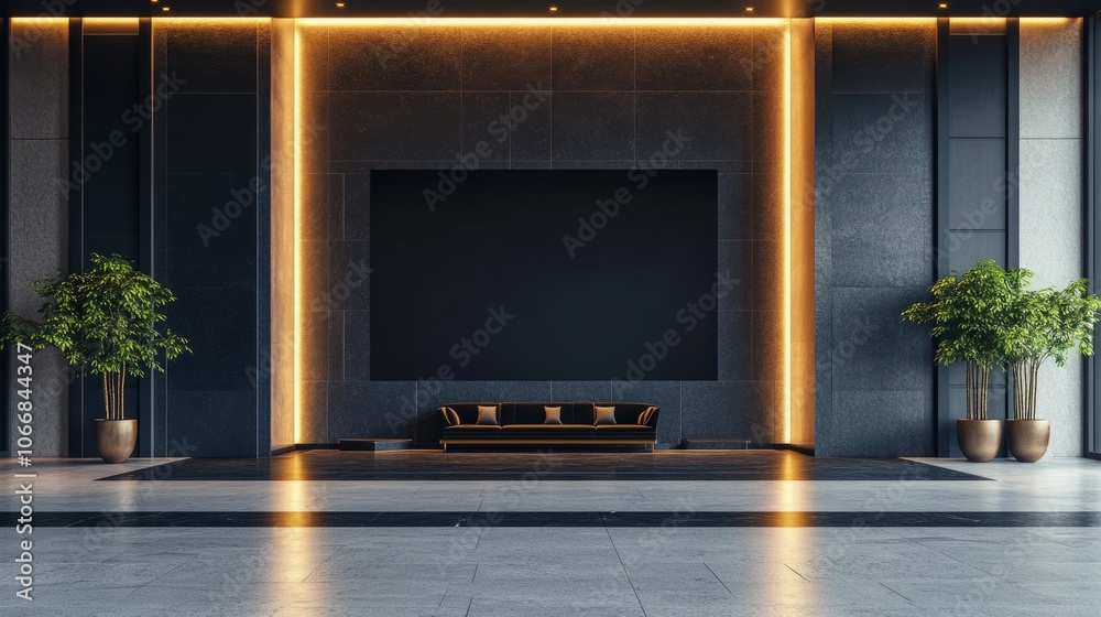 Spacious modern hall with an empty black banner wall, highlighted by overhead lighting, showcasing a clean, architectural look. 3D rendering Spacious modern hall with an empty black banner wall, highlighted by overhead lighting, showcasing a clean, architectural look. 3D rendering