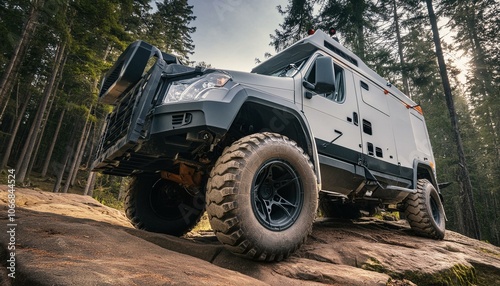 Futuristic offroad camper van on rocks in the woods