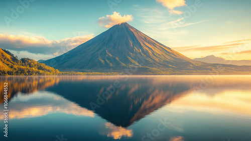 Serene volcanic mountain glows in morning light, its reflection captured in the tranquil lake's