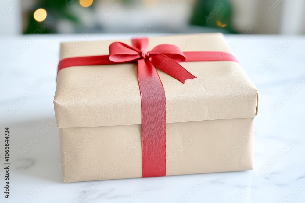 Elegant Gift Box Wrapped in Cream Paper with Red Ribbon Bow Elegant Gift Box Wrapped in Cream Paper with Red Ribbon Bow