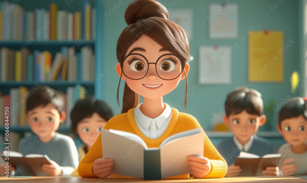 Cartoon teacher grading papers at their desk while students quietly read, peaceful and educational, 3D illustration Cartoon teacher grading papers at their desk while students quietly read, peaceful and educational, 3D illustration