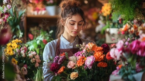 Young florist carefully selecting vibrant flowers from a well-stocked display in a cozy flower shop