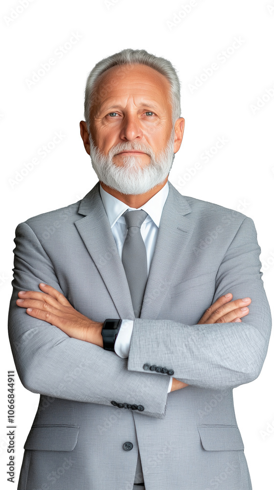 Confident senior man in gray suit with arms crossed on transparent background Confident senior man in gray suit with arms crossed on transparent background