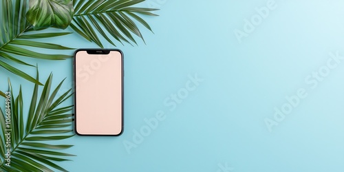 Smartphone on a blue background with green palm leaves, perfect for summer themes. photo