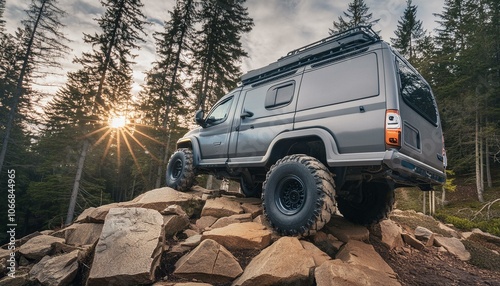 Futuristic offroad camper van on rocks in the woods
