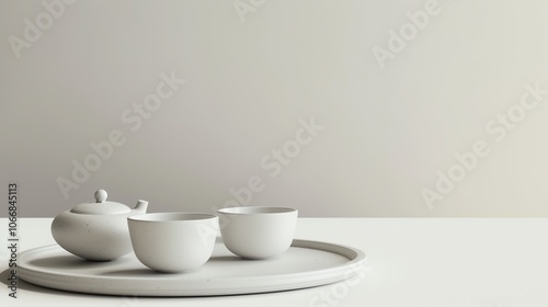 A white teapot and two cups on a white tray in front of a light grey background.