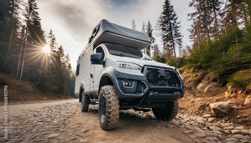 Futuristic offroad camper van on rocks in the woods