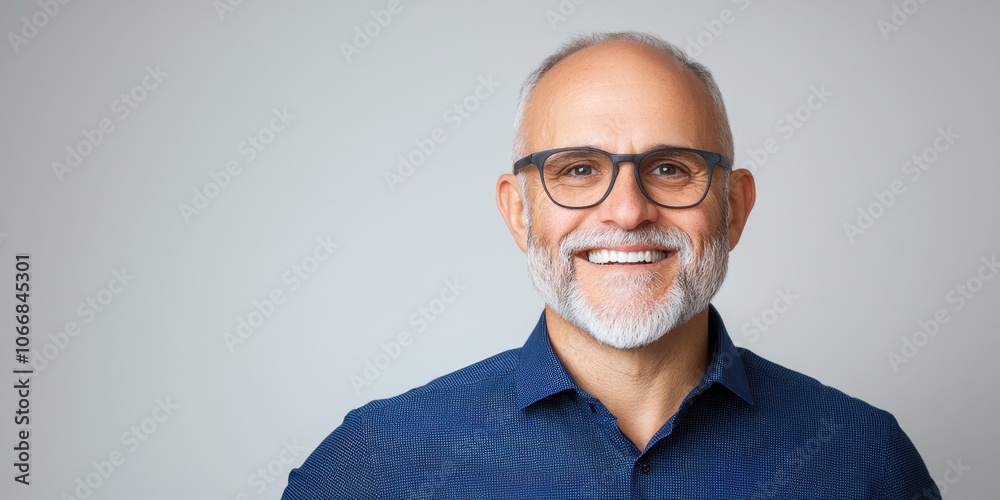 Smiling man with glasses, gray hair, blue shirt on a gray background. Smiling man with glasses, gray hair, blue shirt on a gray background.