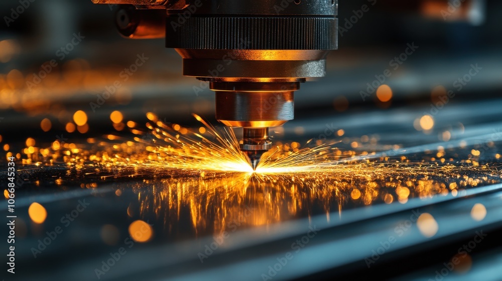 Laser cutting machine in action with bright sparks, industrial manufacturing close-up, precision engineering, advanced metal fabrication, modern technology, workshop setting Laser cutting machine in action with bright sparks, industrial manufacturing close-up, precision engineering, advanced metal fabrication, modern technology, workshop setting