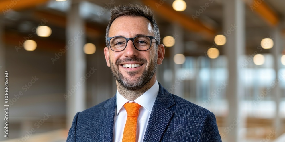 Smiling professional man in suit with glasses in modern office environment. Smiling professional man in suit with glasses in modern office environment.