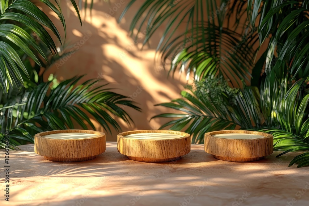 Fototapeta premium Three Wooden Platforms Surrounded by Lush Greenery