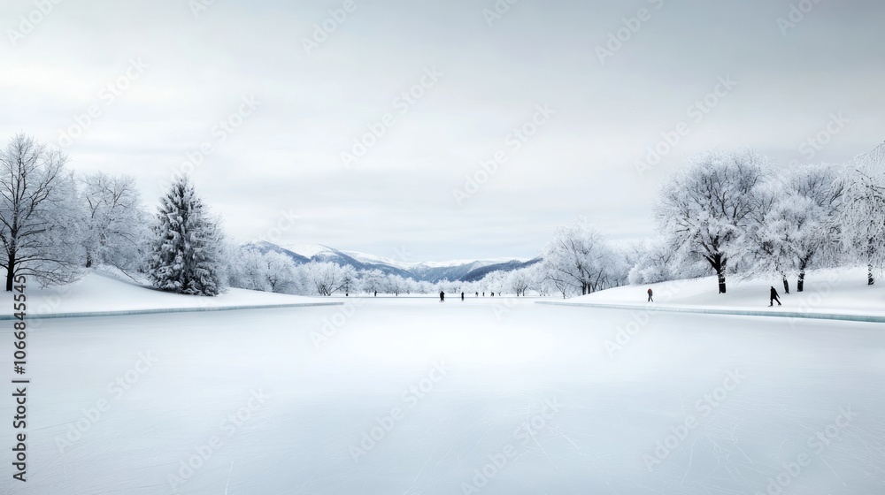 Serene winter landscape with snow-covered trees and mountains under a cloudy sky. Serene winter landscape with snow-covered trees and mountains under a cloudy sky.