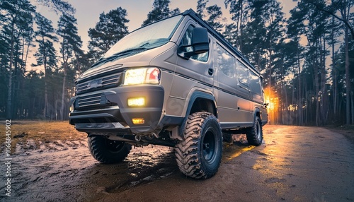 Futuristic offroad camper van on rocks in the woods