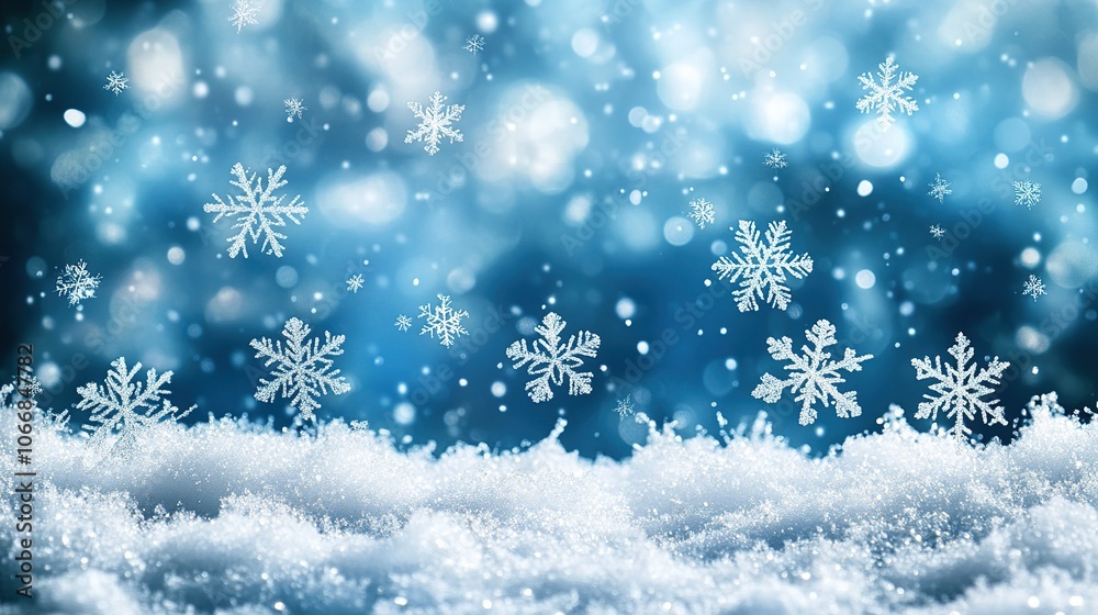 Snowflakes falling on snowy fairytale winter background. Snowflakes falling on snowy fairytale winter background.