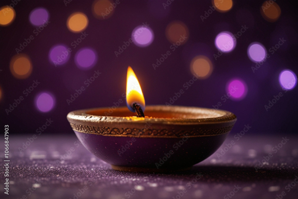 lit traditional diwali diya oil lamp on purple bokeh background lit traditional diwali diya oil lamp on purple bokeh background