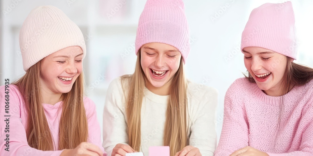 Three young girls laughing and playing together, wearing pink hats indoors. Three young girls laughing and playing together, wearing pink hats indoors.