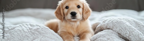 A cute golden retriever puppy lying on a soft blanket, looking curiously at the camera, exuding innocence and warmth.