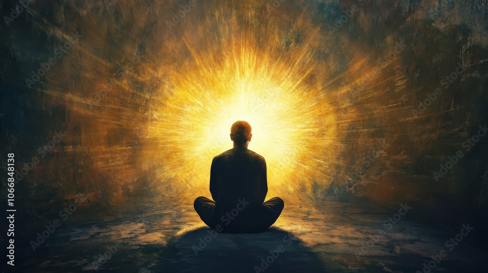 Silhouetted against a warm glow, an individual sits in prayer, surrounded by an ethereal light that enhances the serene atmosphere. The moment captures deep spirituality and reflection Silhouetted against a warm glow, an individual sits in prayer, surrounded by an ethereal light that enhances the serene atmosphere. The moment captures deep spirituality and reflection