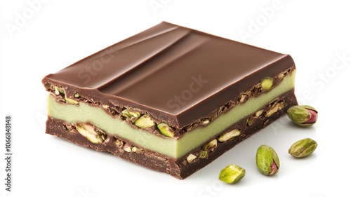 Dubai Chocolate Kunafa Pistachio on white background,Dubai Chocolate bar with green kadayif and pistachio spread,popular and viral chocolate 2024,space for text.