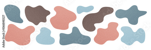 Set of Organic Blob shapes with grain texture. Natural abstract modern liquid form. Textured blot spot pebble. Design elements. Cute asymmetric wavy shape. Vector illustration