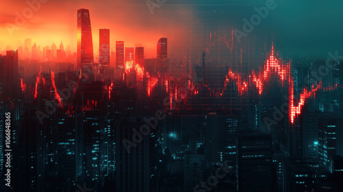 Wallpaper Mural Economic crisis in double exposure as graphs and digital indicators merge with urban backdrop Torontodigital.ca