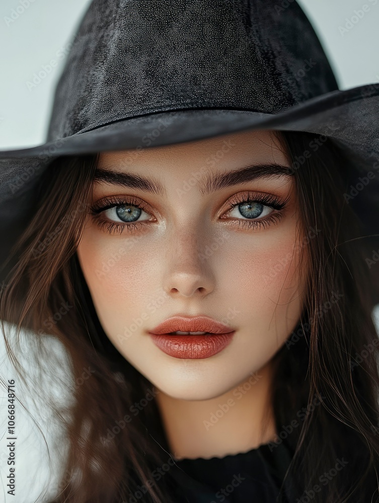 Close-up portrait of a young woman with blue eyes and a black hat Close-up portrait of a young woman with blue eyes and a black hat