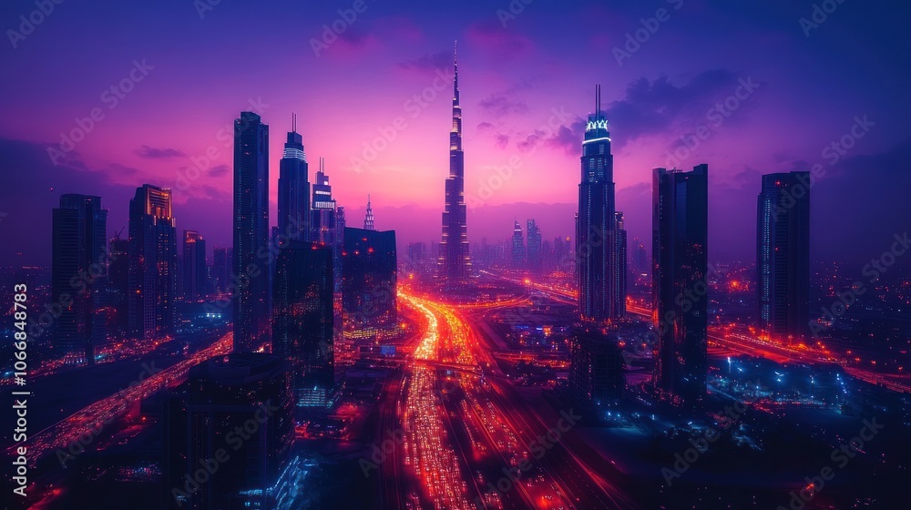 Fototapeta premium Dubai Skyline with Illuminated Highway at Dusk