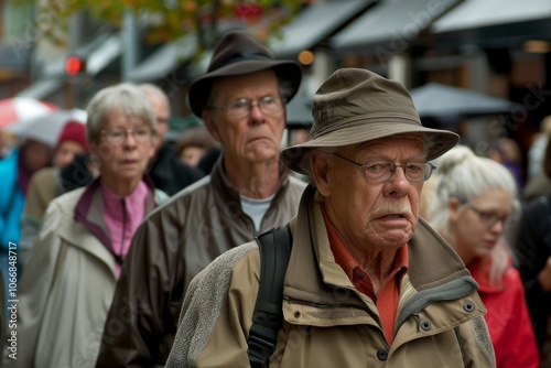 Old man in a hat and glasses on the street.