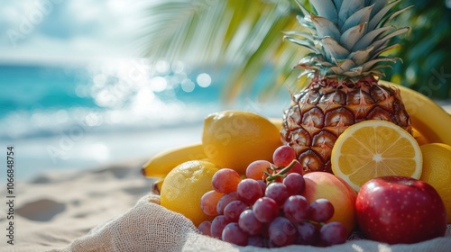 Fototapeta Naklejka Na Ścianę i Meble -  Tropical fruits on sandy beach with ocean view, pineapple, lemon, grapes, apple, and bananas in sunlight, fresh exotic fruit, healthy summer vacation vibe