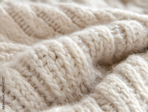 Warm Wool Texture, Soft Cream Knitted Background, Close-up of Cozy Wool Knit Fabric in Soft Beige Tone, Natural Wool Knit Texture, Creamy Beige Warm Fabric Background