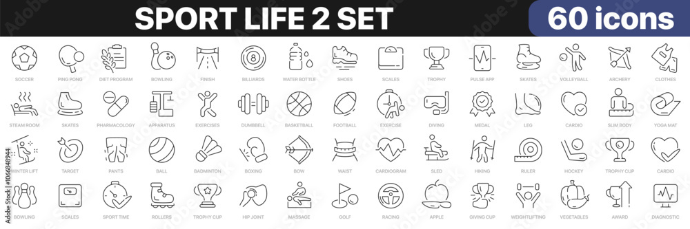 Sport life 2 set line icons collection. Fitness, diet, competition, achievement, target, athletic icons. UI icon set. Thin outline icons pack. Vector illustration EPS10 Sport life 2 set line icons collection. Fitness, diet, competition, achievement, target, athletic icons. UI icon set. Thin outline icons pack. Vector illustration EPS10