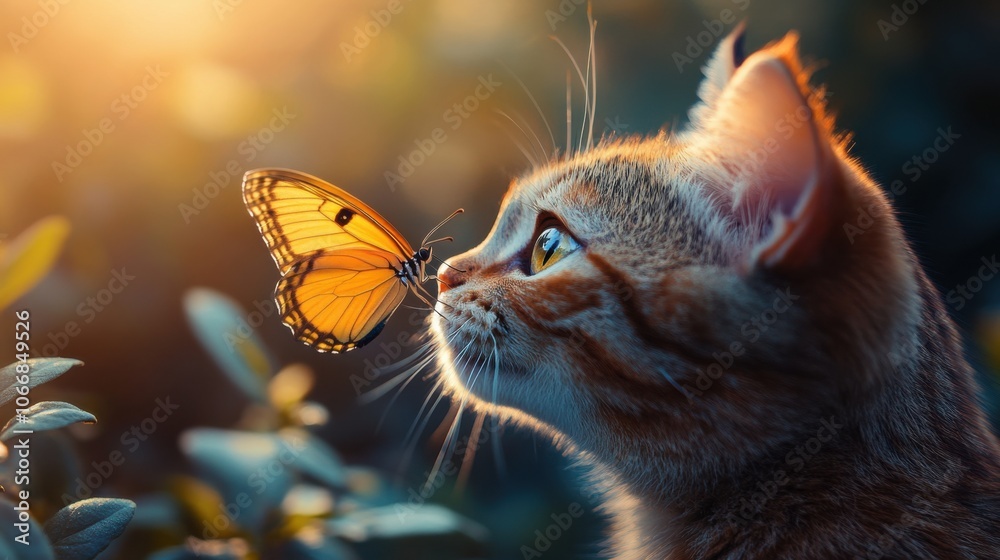 Cute kitten and butterfly face to face, nature moment, animal friendship, curiosity, tender scene, pet and insect encounter, wildlife, gentle, kitten nose Cute kitten and butterfly face to face, nature moment, animal friendship, curiosity, tender scene, pet and insect encounter, wildlife, gentle, kitten nose