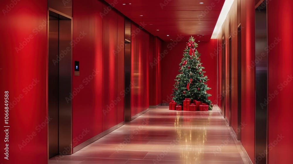 Modern Elevator doors of office or hotel hallway,holiday season decor with christmas tree,Lobby interior, corridor in house with lift,Black elegant lift for passenger or cargo elevators,copy space. Modern Elevator doors of office or hotel hallway,holiday season decor with christmas tree,Lobby interior, corridor in house with lift,Black elegant lift for passenger or cargo elevators,copy space.