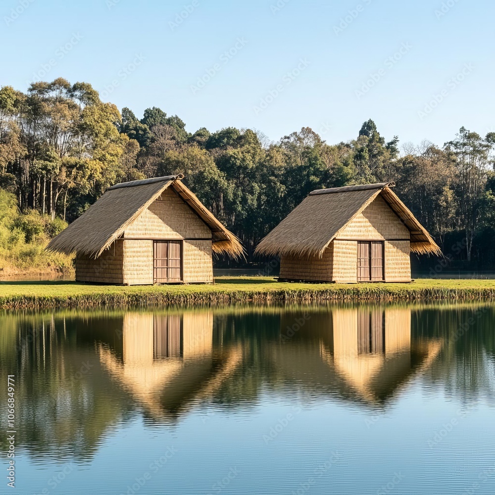 Traditional straw hut by lake, serene rural retreat, natural tones Traditional straw hut by lake, serene rural retreat, natural tones