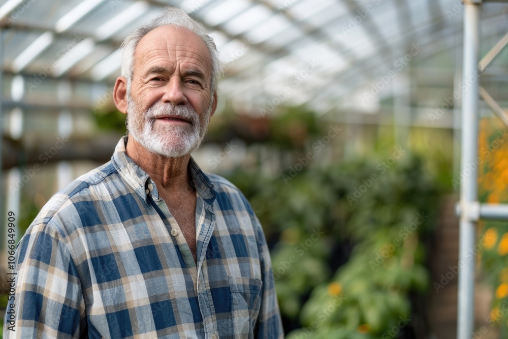 Thinking Outdoors. Portrait of a Senior Man Standing Outdoors at a Greenhouse Thinking Outdoors. Portrait of a Senior Man Standing Outdoors at a Greenhouse