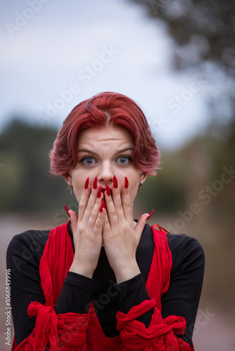 Portrait of a woman. Emotions of a young woman. Red manicure. Blue eyes.  photo