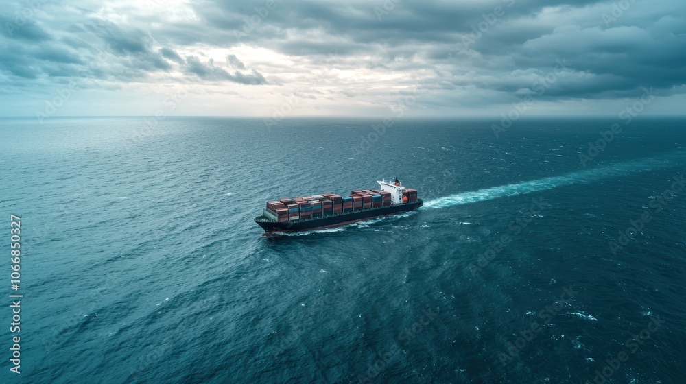 An aerial view of a cargo ship navigating through deep blue waters under a cloudy sky, symbolizing maritime trade and transport. An aerial view of a cargo ship navigating through deep blue waters under a cloudy sky, symbolizing maritime trade and transport.