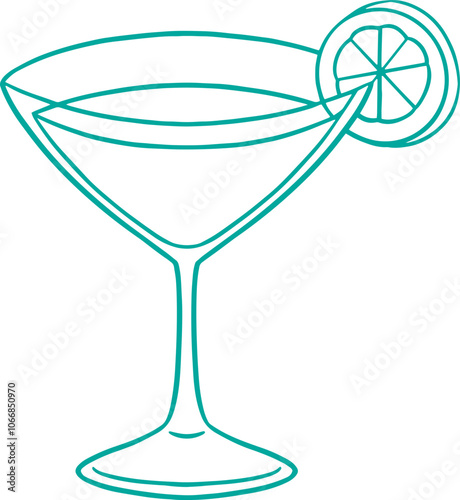 Line art illustration of a glass of gimlet cocktail, coloring page bar menu