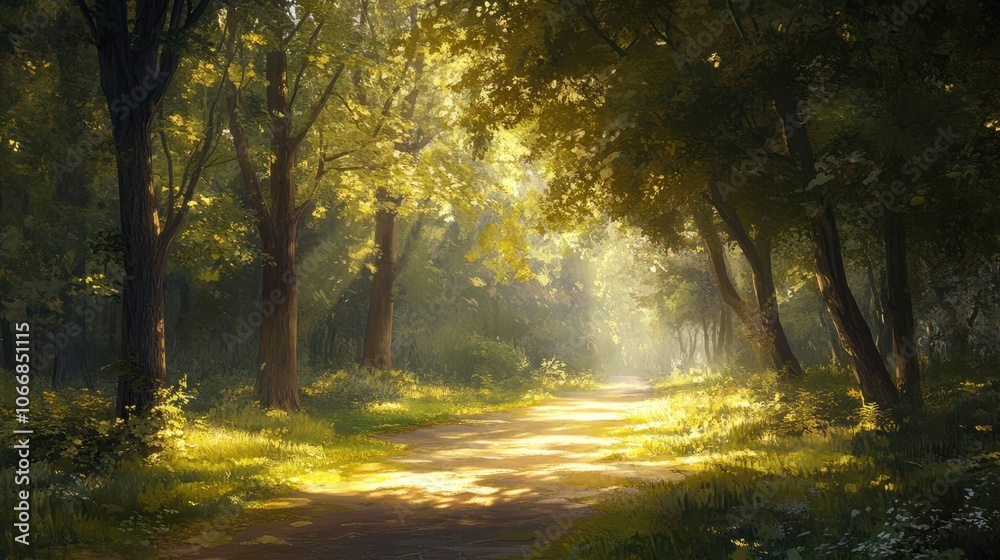 Quiet park scene with sunlight streaming through trees, perfect for a Sunday nature walk Quiet park scene with sunlight streaming through trees, perfect for a Sunday nature walk