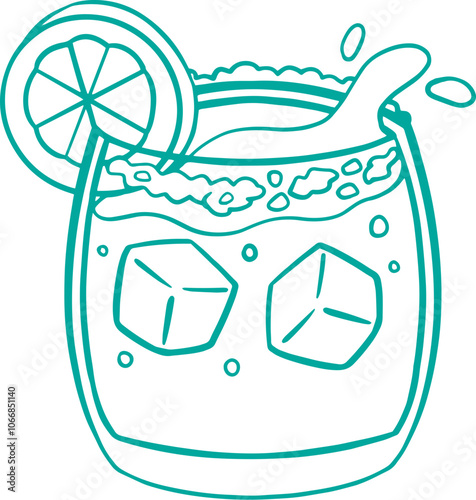 Line art illustration of a glass of margarita cocktail, coloring page bar menu