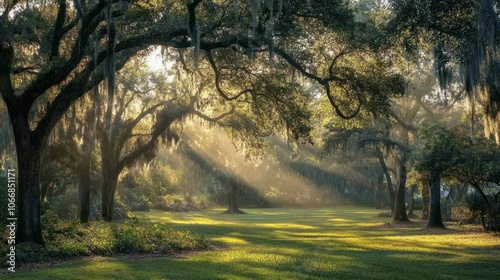 Quiet park scene with sunlight streaming through trees, perfect for a Sunday nature walk