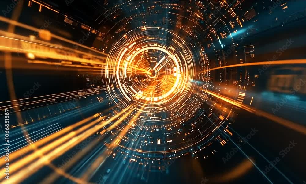 A futuristic abstract representation of time and motion, featuring glowing elements and circular patterns.