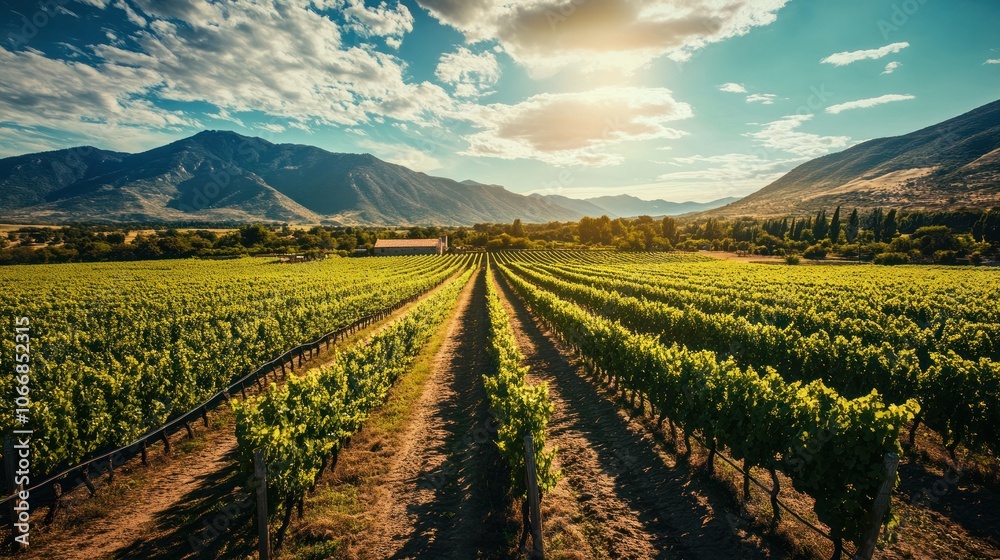 a sprawling vineyard in Argentina, with lush green grapevines stretching across rolling hills under a bright blue sky. a sprawling vineyard in Argentina, with lush green grapevines stretching across rolling hills under a bright blue sky.