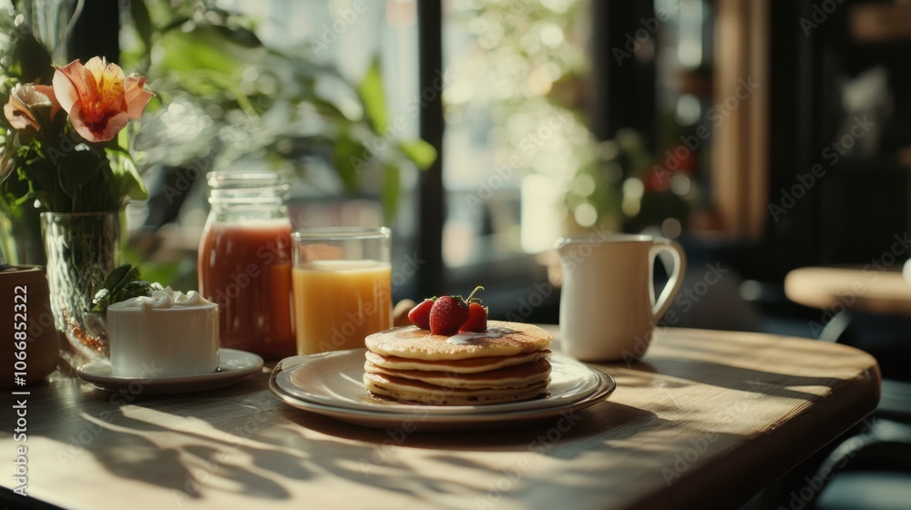 Sunny brunch table with pancakes, coffee, and fresh juice, symbolizing Sunday gatherings