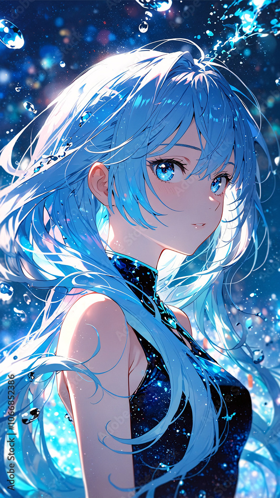 An anime character with blue hair, large expressive eyes filled with colorful reflections, and water bubbles floating around
