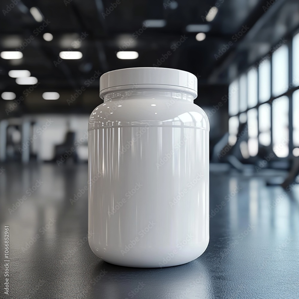 Showcase an unbranded protein supplement mockup in a gym setting Showcase an unbranded protein supplement mockup in a gym setting