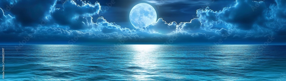 Moonlit ocean with shimmering reflections, dark sky, clouds drifting, tranquil night atmosphere, serene beauty Moonlit ocean with shimmering reflections, dark sky, clouds drifting, tranquil night atmosphere, serene beauty